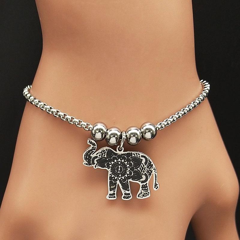 LilliPhant 2020 Flower of Life Elephant Stainless Steel Bracelet Women Black Bead Bracelets & Bangles Jewelry bracelet femme B18349