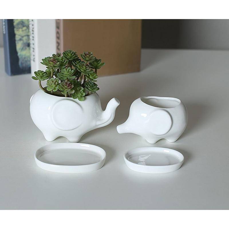 LilliPhant Flowertop White Elephant Ceramic Flowerpot with Tray - Set of 2!