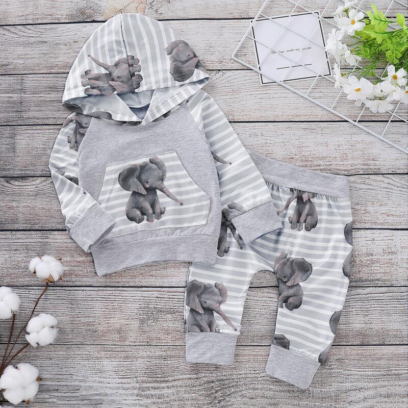 Baby 2 Pcs Hooded Elephant Striped Top & Pants Tracksuit