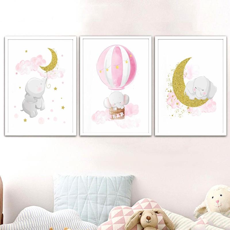 LilliPhant Pink and Gold Elephant Moon Hotair Balloon Canvas Poster and Print Baby Girl Nursery Wall Art Picture Kids Bedroom Decoration